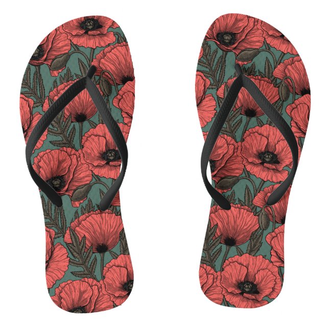 Poppy garden in coral, brown and pine green flip flops (Footbed)