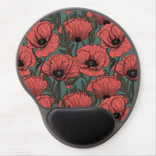 Poppy garden in coral brown and pine green gel mouse pad