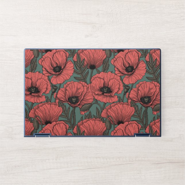 Poppy garden in coral, brown and pine green HP laptop skin (Front)