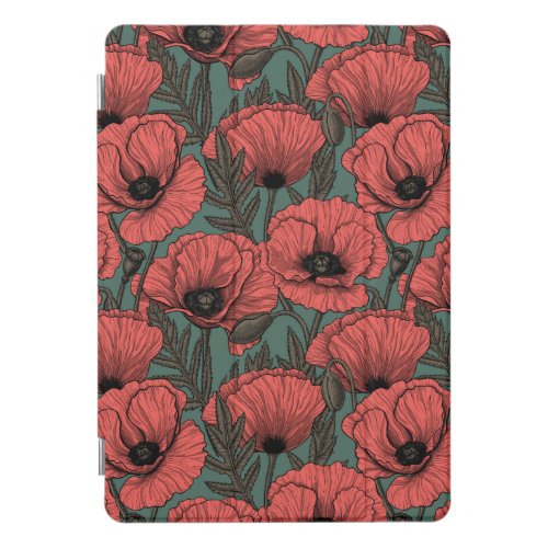 Poppy garden in coral brown and pine green iPad pro cover