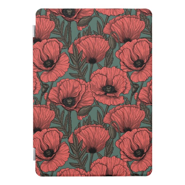 Poppy garden in coral, brown and pine green iPad pro cover (Front)