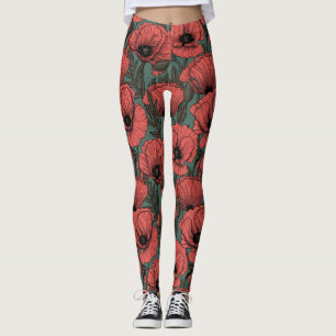 Poppy garden in coral, brown and pine green leggings