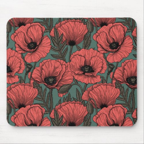 Poppy garden in coral brown and pine green mouse pad