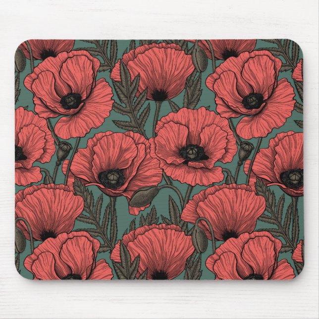 Poppy garden in coral, brown and pine green mouse pad (Front)