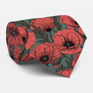 Poppy garden in coral, brown and pine green neck tie