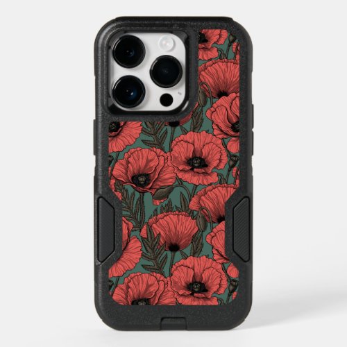 Poppy garden in coral brown and pine green OtterBox iPhone 14 pro case