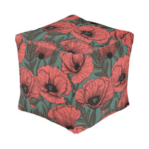 Poppy garden in coral, brown and pine green pouf