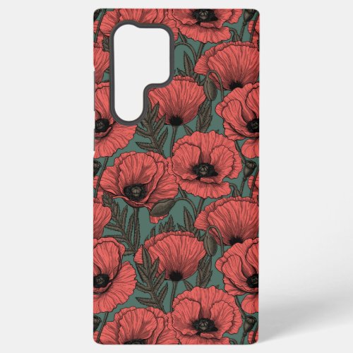 Poppy garden in coral brown and pine green samsung galaxy s22 ultra case