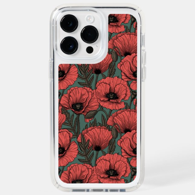 Poppy garden in coral, brown and pine green speck iPhone case (Front)
