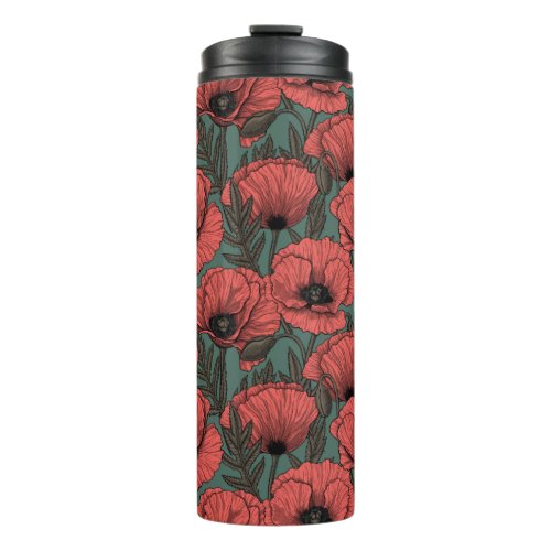 Poppy garden in coral brown and pine green therma thermal tumbler