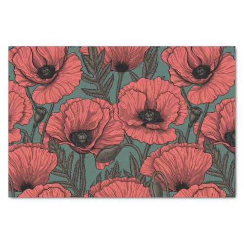 Poppy garden in coral brown and pine green tissue paper