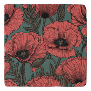 Poppy garden in coral, brown and pine green trivet