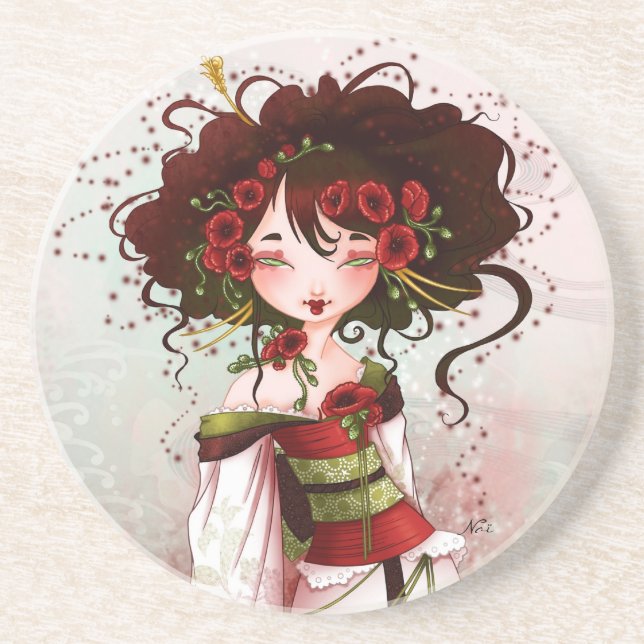 Poppy Geisha Sandstone Coaster (Front)