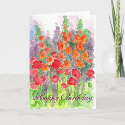 Poppy Gladiola Flower Watercolor Happy Birthday Thank You Card