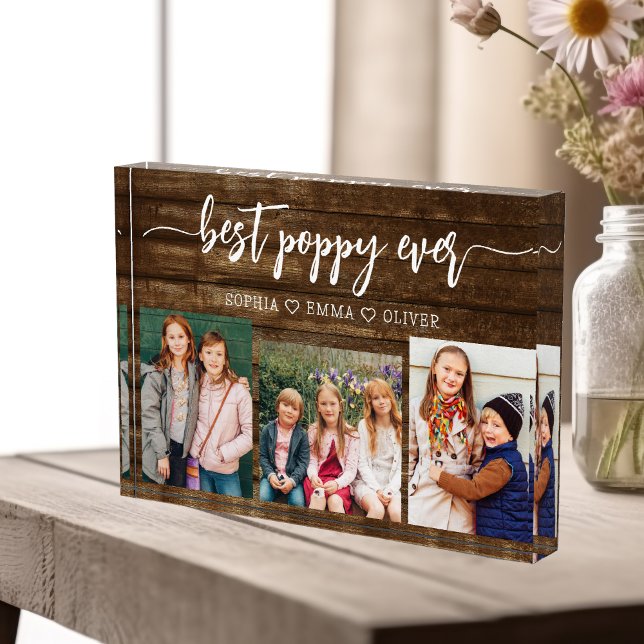 Poppy Grandfather Grandchildren Wood Photo Collage Block (Creator Uploaded)