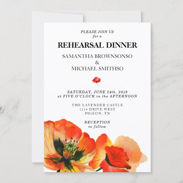 Poppy Greenery Watercolor Rehearsal Dinner Invitation
