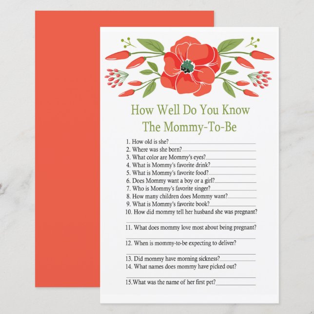 Poppy How well do you know baby shower game (Front/Back)