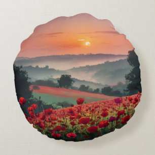 Poppy Landscape. Round Pillow