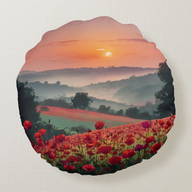 Poppy Landscape. Round Pillow (Back)
