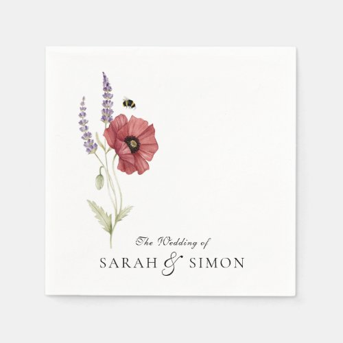 Poppy Lavender Bee Floral Watercolor Wedding Napkins