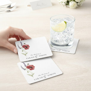 Poppy Lavender Bee Floral Watercolor Wedding Square Paper Coaster