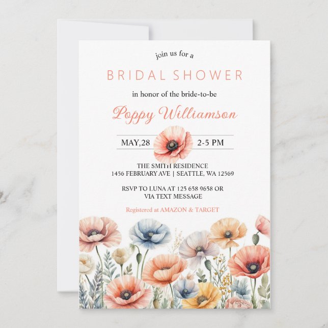 POPPY Mason Jar Bridal Shower Invitation  (Front)