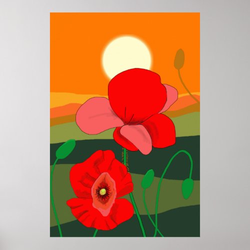 Poppy meadow at sunset poster