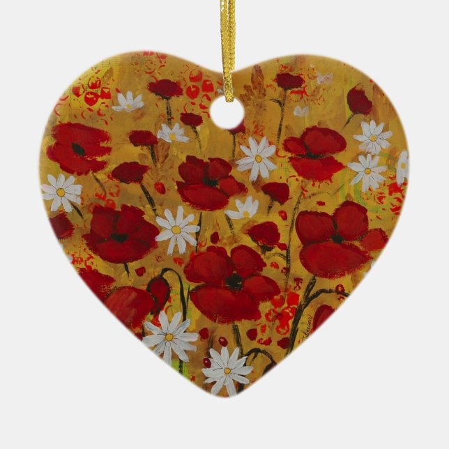Poppy Meadow, Red Flowers Ceramic Ornament (Front)