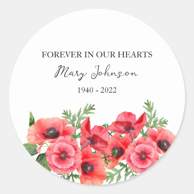 Poppy Memorial Funeral Classic Round Sticker (Front)