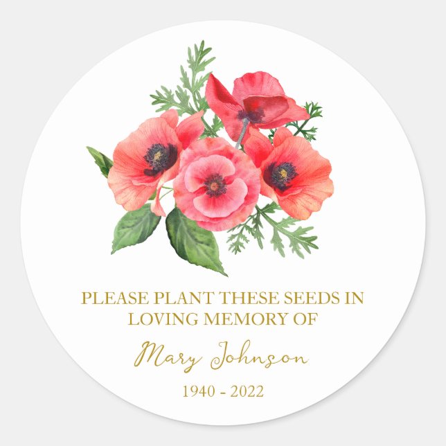 Poppy Memorial Funeral Seed Packet Classic Round Sticker (Front)