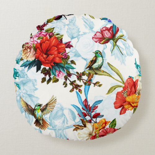 Poppy  Nightingale Floral Watercolor Round Pillow