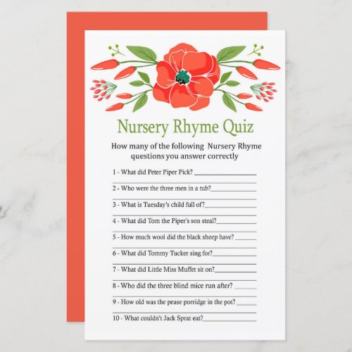 Poppy Nursery Rhyme Quiz baby shower game