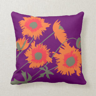 Poppy orange, green and purple throw pillow