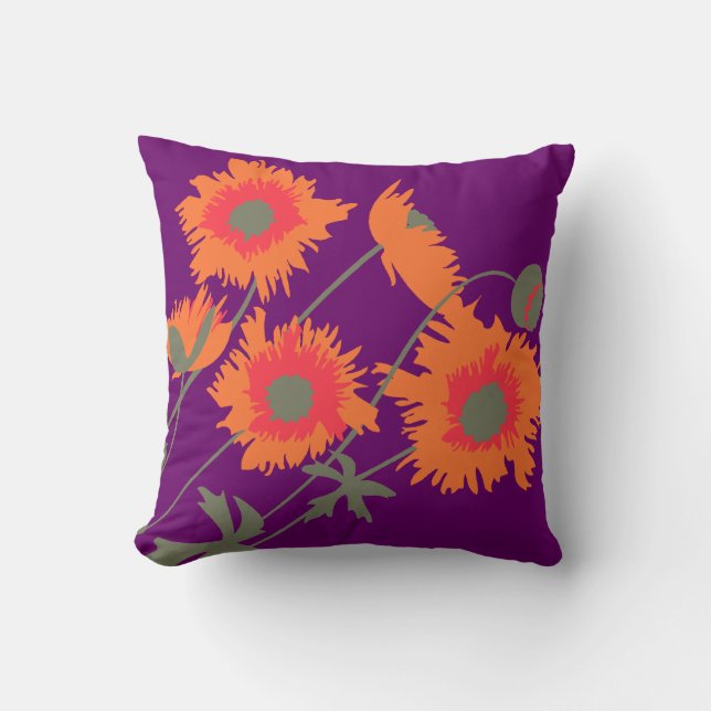 Poppy orange, green and purple throw pillow (Front)