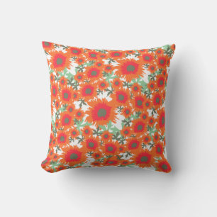Poppy orange, green and white throw pillow