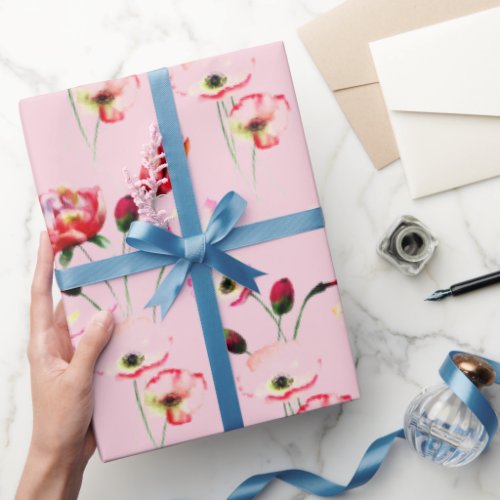 Poppy Pattern On Blush Pink Wrapping Paper