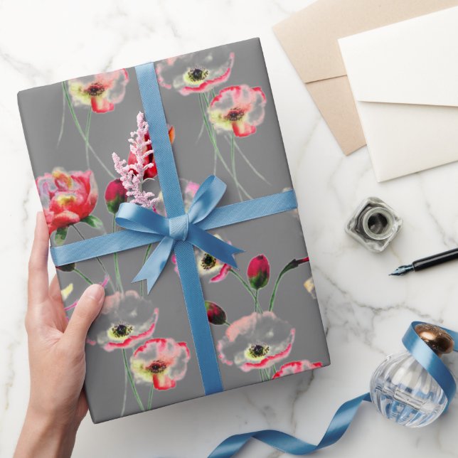 Poppy Pattern On Gray Wrapping Paper (Gifting)