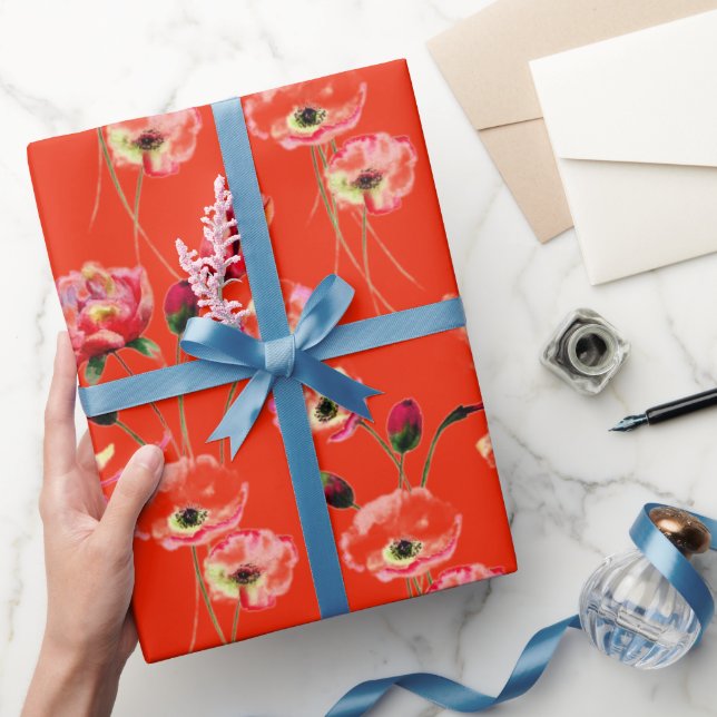 Poppy Pattern On Red Wrapping Paper (Gifting)