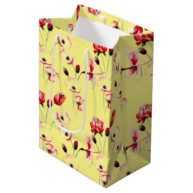 Poppy Pattern On Yellow Medium Gift Bag (Front Angled)