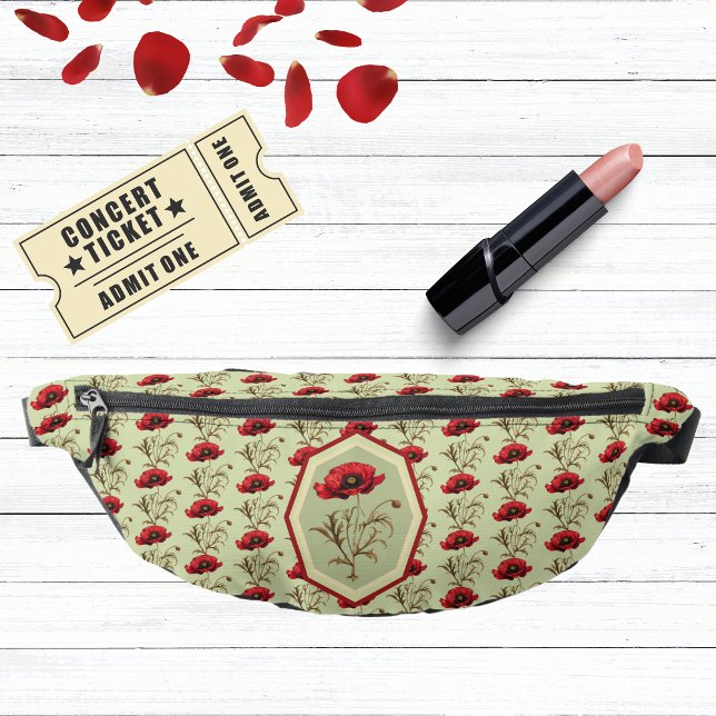 Poppy Pattern Red Sage Green with Floral Medallion Fanny Pack (Creator Uploaded)