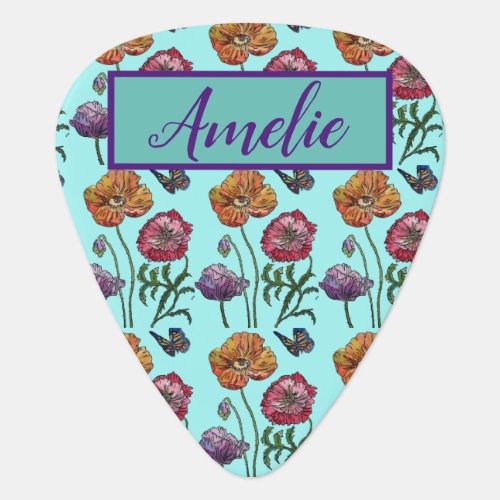 Poppy Poppies Red Shabby Chic Aqua Floral Flowers Guitar Pick