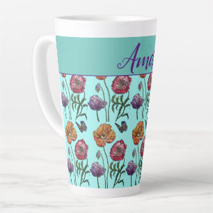 Poppy Poppies Red Shabby Chic Aqua Floral Flowers Latte Mug