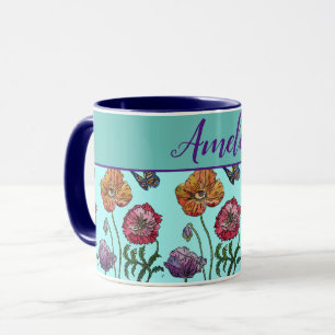 Poppy Poppies Red Shabby Chic Aqua Floral Flowers Mug