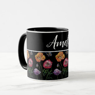 Poppy Poppies Red Shabby Chic Black Floral Flowers Mug
