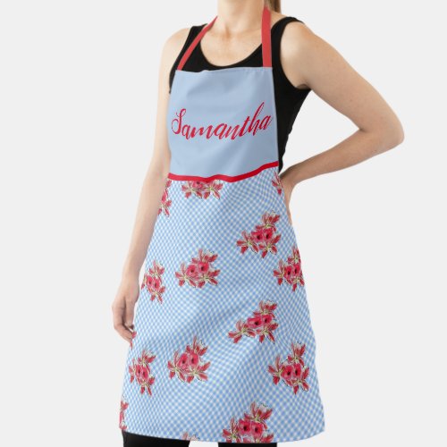 Poppy Poppies Red Shabby Chic Blue Gingham Floral  Apron