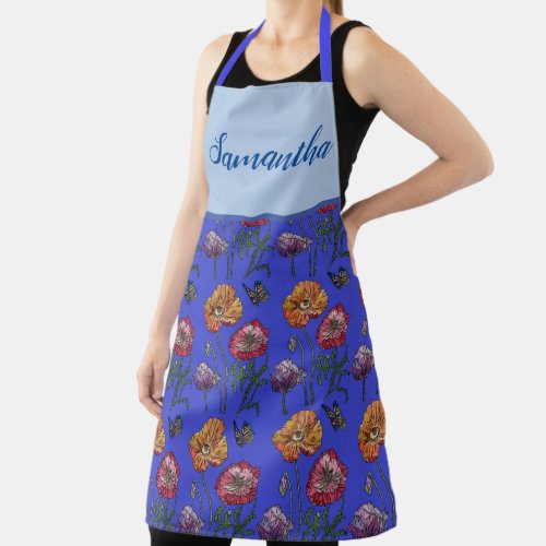 Poppy Poppies Red Shabby Chic Blue Gingham Floral  Apron