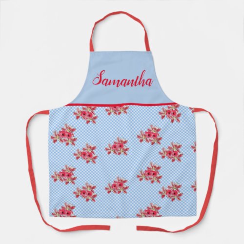 Poppy Poppies Red Shabby Chic Blue Gingham Floral Apron