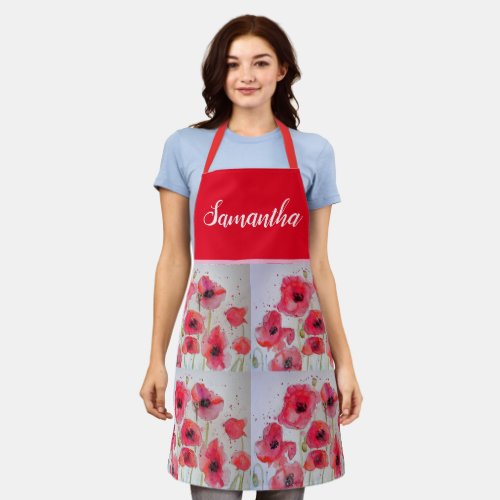 Poppy Poppies Red Shabby Chic Watercolor Floral Apron