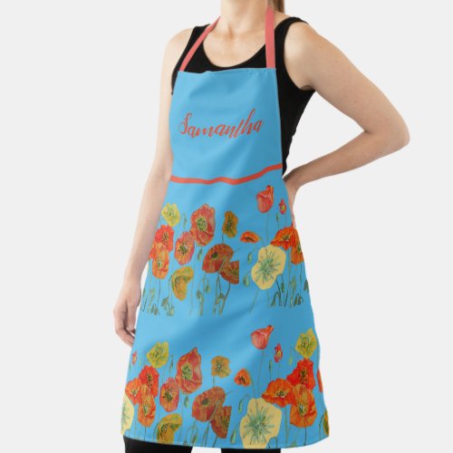 Poppy Poppies Red Watercolor Blue Floral Apron