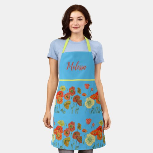 Poppy Poppies Red Watercolor Blue Floral Apron
